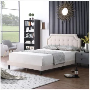 Beige Fabric Bed With Adjustable Headboard - No Box Spring Required- Double, Queen or King- Model Rayan