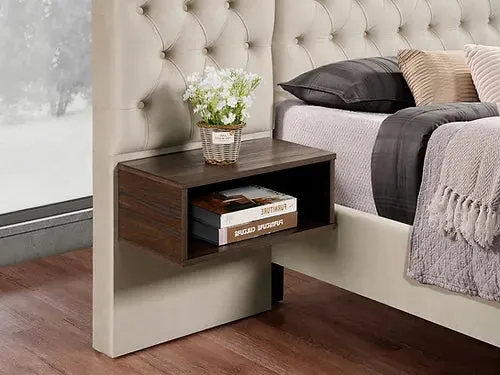 Beige Velvet Fabric Platform Bed With 2 Floating Brown Nightstands- Queen or King- Model #5565