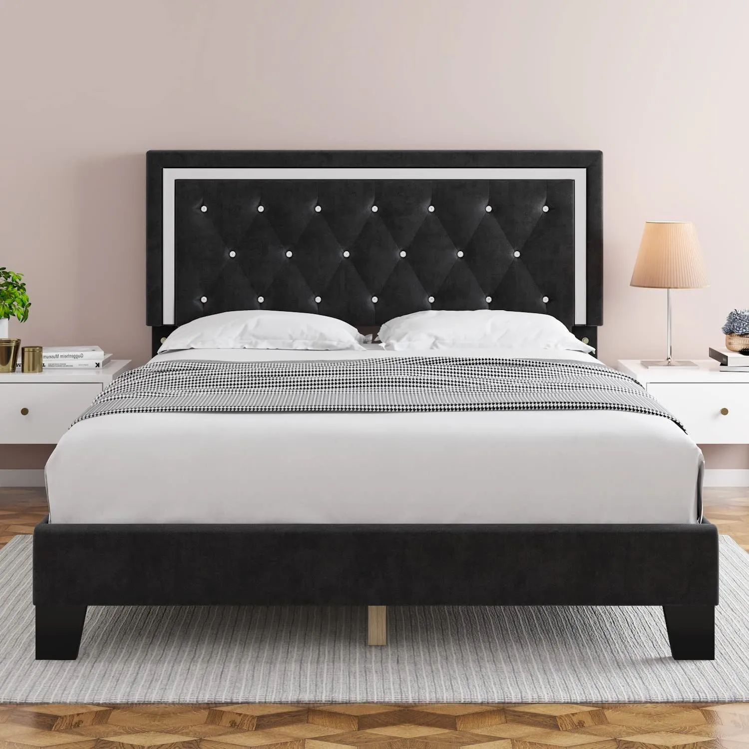 Black Adjustable Headboard Platform Bed With Gems- No Box Spring Required- Double, Queen or King- Model Lane