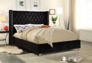 Black Velvet Fabric Bed With Nailhead Details and Wing Design