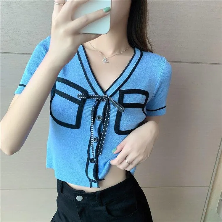 Bold Panelled Faux Pockets Women's Cardigan Bow Decoration V Neck Short Sleeve Cropped Top Kawaii Harajuku Summer Sexy