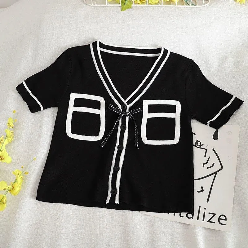 Bold Panelled Faux Pockets Women's Cardigan Bow Decoration V Neck Short Sleeve Cropped Top Kawaii Harajuku Summer Sexy