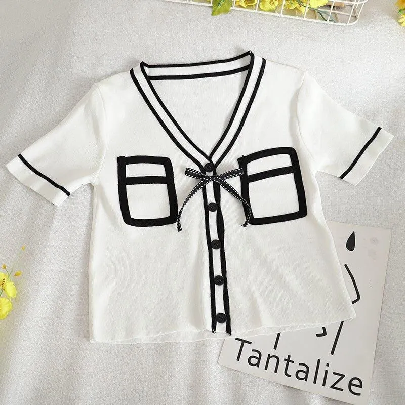 Bold Panelled Faux Pockets Women's Cardigan Bow Decoration V Neck Short Sleeve Cropped Top Kawaii Harajuku Summer Sexy