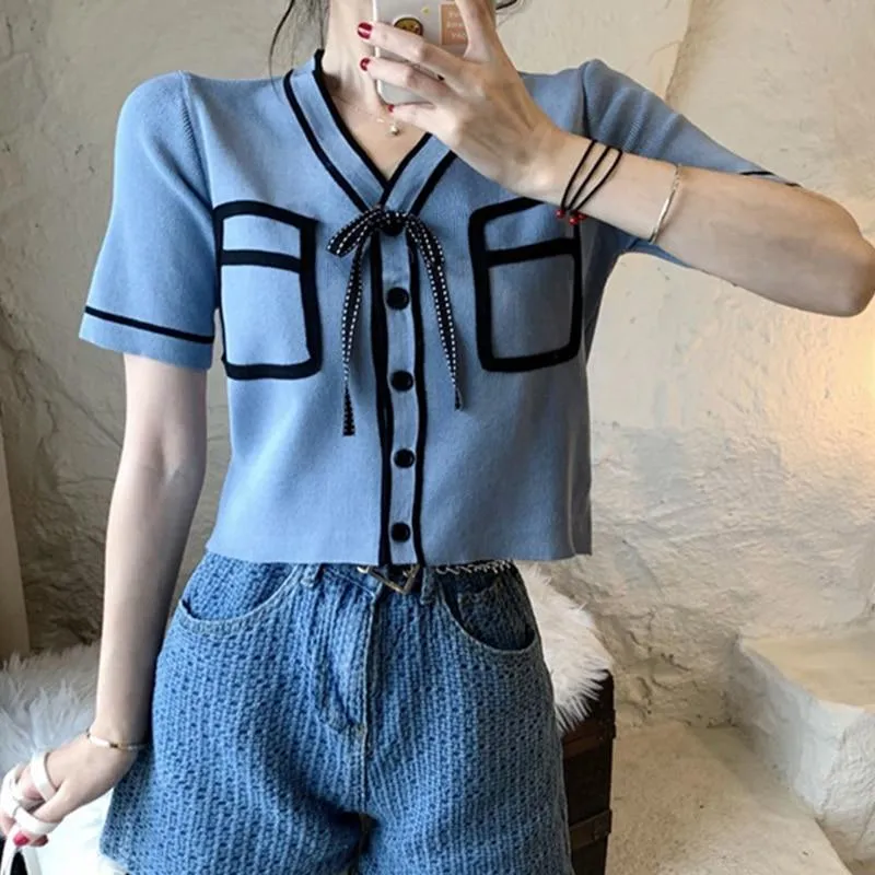 Bold Panelled Faux Pockets Women's Cardigan Bow Decoration V Neck Short Sleeve Cropped Top Kawaii Harajuku Summer Sexy