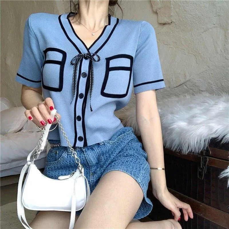 Bold Panelled Faux Pockets Women's Cardigan Bow Decoration V Neck Short Sleeve Cropped Top Kawaii Harajuku Summer Sexy