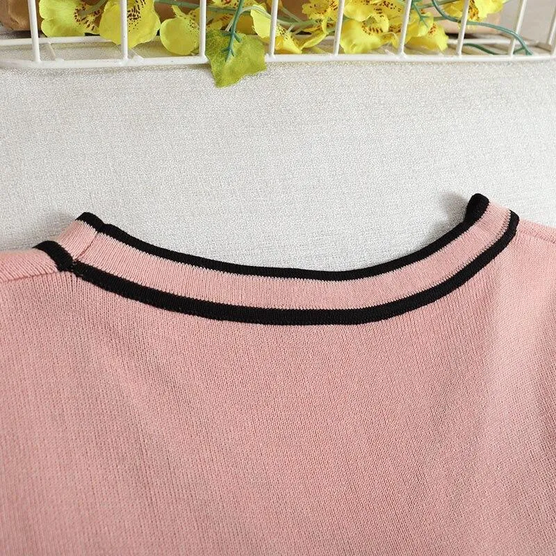 Bold Panelled Faux Pockets Women's Cardigan Bow Decoration V Neck Short Sleeve Cropped Top Kawaii Harajuku Summer Sexy