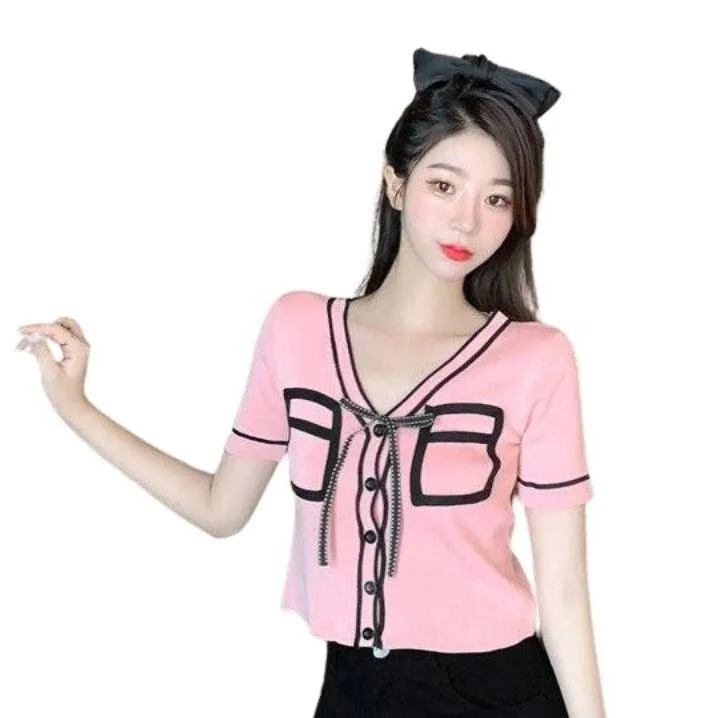 Bold Panelled Faux Pockets Women's Cardigan Bow Decoration V Neck Short Sleeve Cropped Top Kawaii Harajuku Summer Sexy