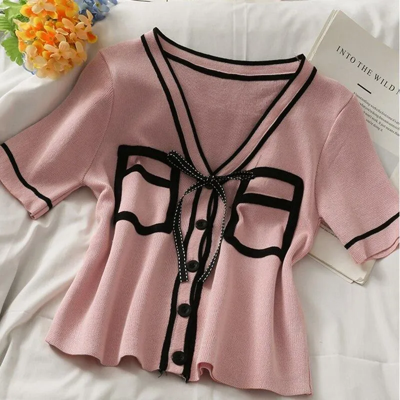 Bold Panelled Faux Pockets Women's Cardigan Bow Decoration V Neck Short Sleeve Cropped Top Kawaii Harajuku Summer Sexy