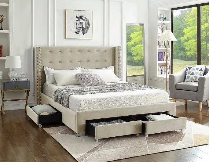 Creme Velvet Winged Storage Bed with Deep Tufting & Nailhead Trim