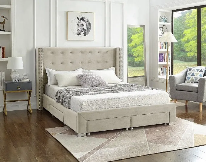 Creme Velvet Winged Storage Bed with Deep Tufting & Nailhead Trim