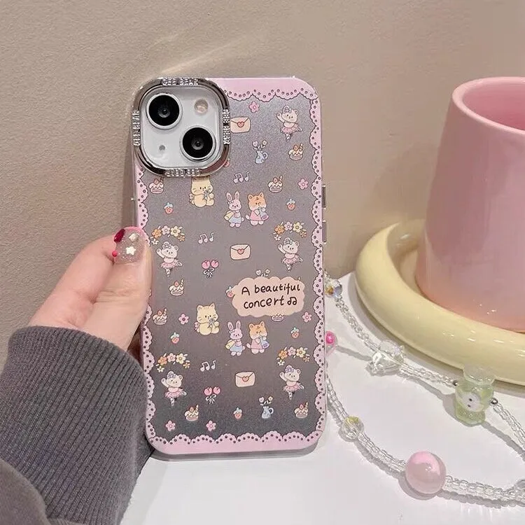 Cute Electroplated Matte Silver Cartoon Animals Design   Hand Strap Protective Shockproof Phone Case for iPhone 11 12 13 14 15 Pro Max Case