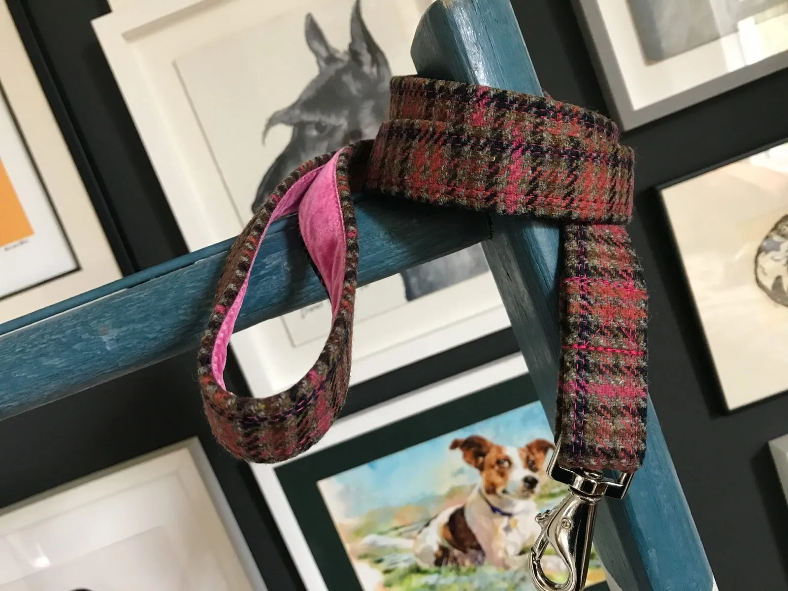 Damson Tweed Dog Collar and Lead with Pink Velvet Lining