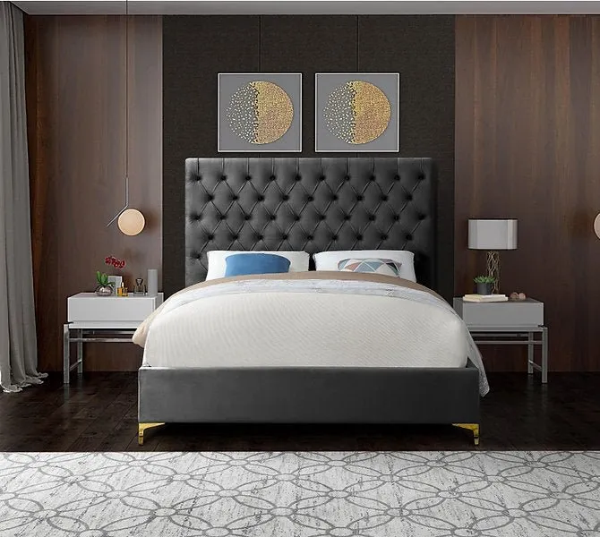 Deep Tufted Grey Velvet Fabric Bed with Dual Chrome/Gold Legs