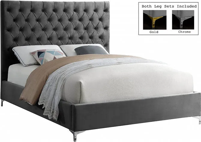 Deep Tufted Grey Velvet Fabric Bed with Dual Chrome/Gold Legs