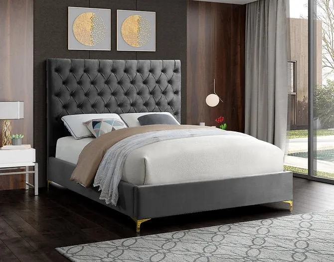 Deep Tufted Grey Velvet Fabric Bed with Dual Chrome/Gold Legs