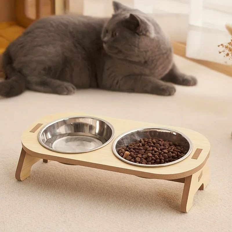 Elevated Cat Bowl with Wooden Stand for Spine Protection