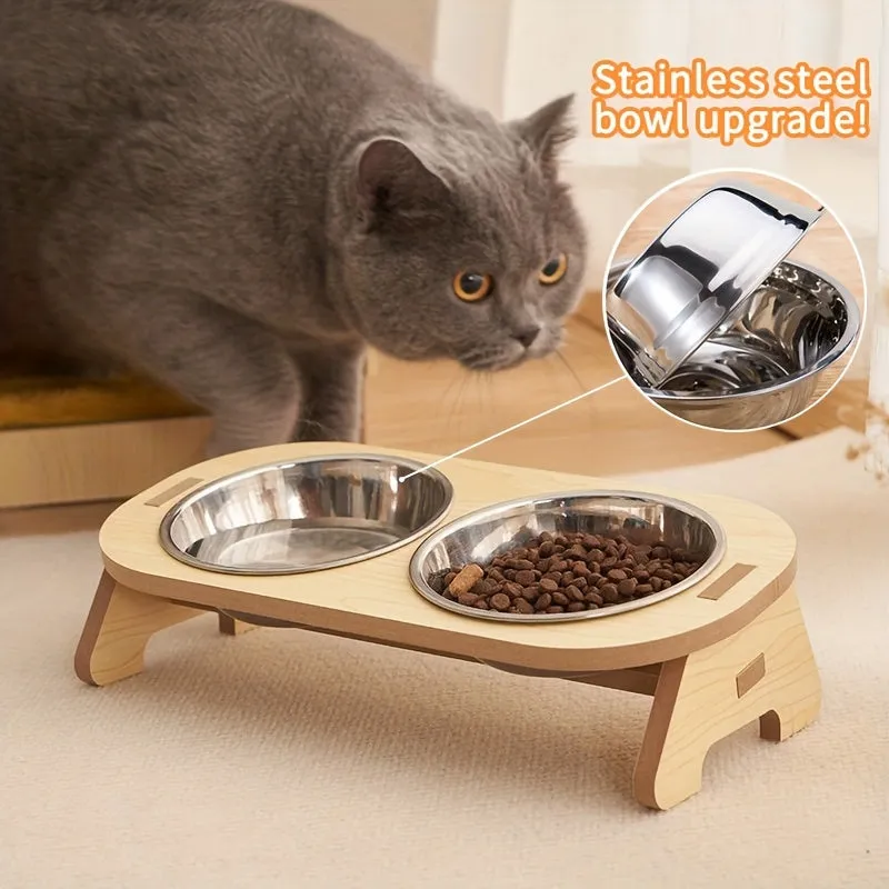 Elevated Cat Bowl with Wooden Stand for Spine Protection