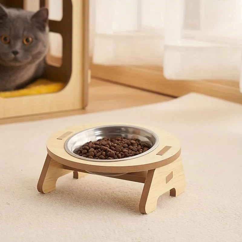 Elevated Cat Bowl with Wooden Stand for Spine Protection