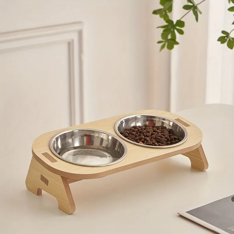 Elevated Cat Bowl with Wooden Stand for Spine Protection