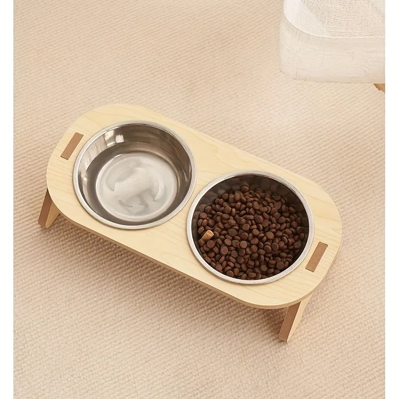 Elevated Cat Bowl with Wooden Stand for Spine Protection