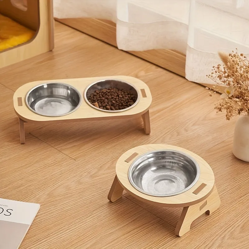 Elevated Cat Bowl with Wooden Stand for Spine Protection