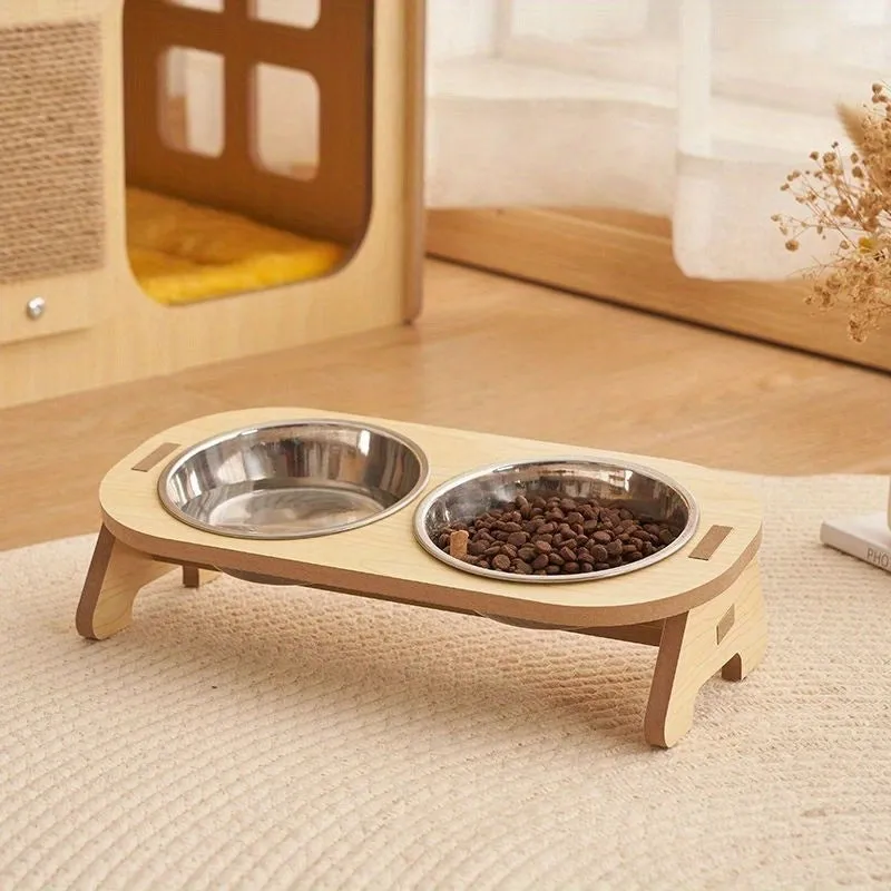 Elevated Cat Bowl with Wooden Stand for Spine Protection