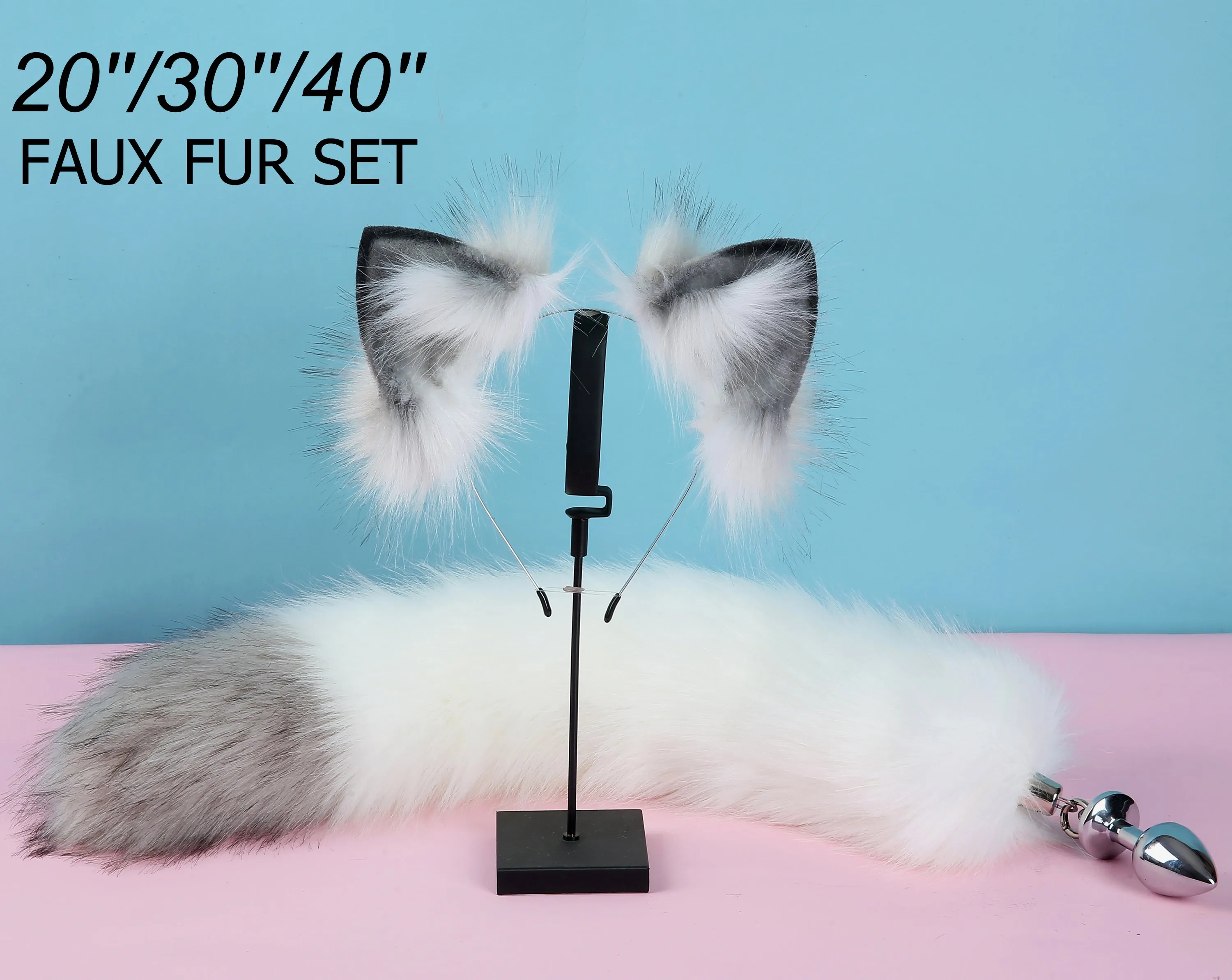 gray white fox tail plug and ear kittenplay ear faux wolf tail buttplug and ear neko kitten cosplay petplay fox tail buttplug bdsm