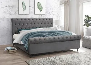 Grey Velvet Sleigh Upholstered Bed with Tufting