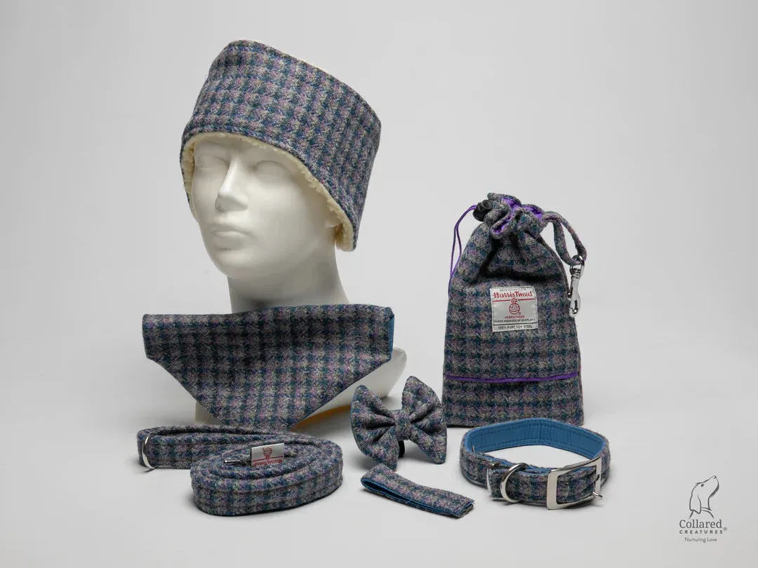 Harris Tweed Lilac and Blue Small Check Luxury Dog Collar