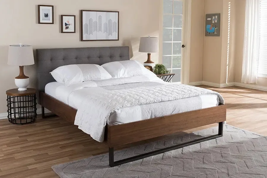 Mitchell Walnut Wood Grey Fabric Dark Bronze Metal Platform Bed (Queen)