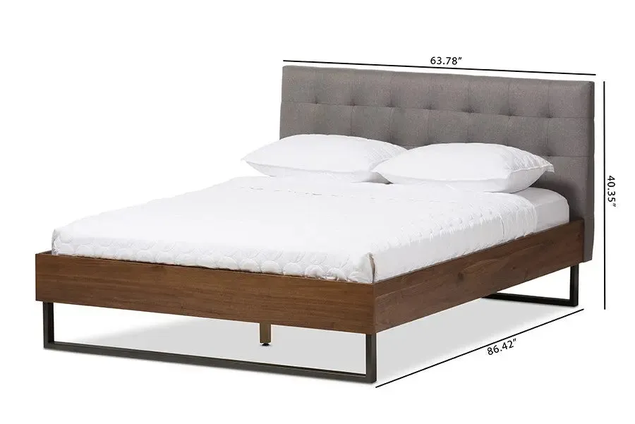 Mitchell Walnut Wood Grey Fabric Dark Bronze Metal Platform Bed (Queen)