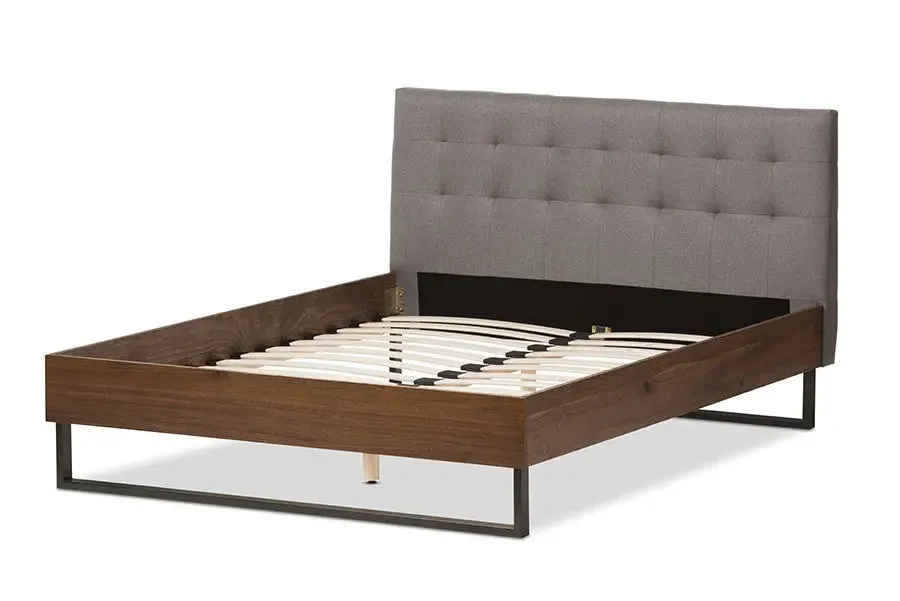 Mitchell Walnut Wood Grey Fabric Dark Bronze Metal Platform Bed (Queen)