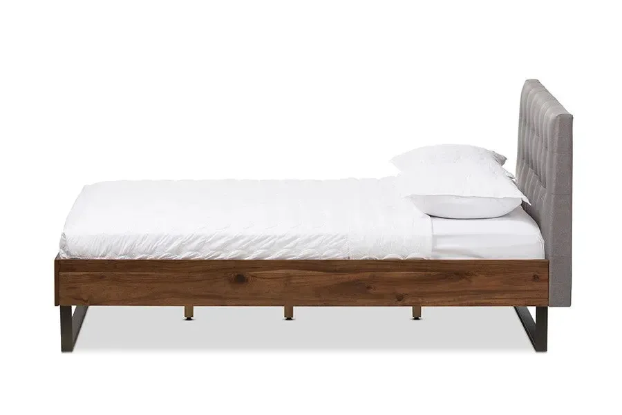 Mitchell Walnut Wood Grey Fabric Dark Bronze Metal Platform Bed (Queen)