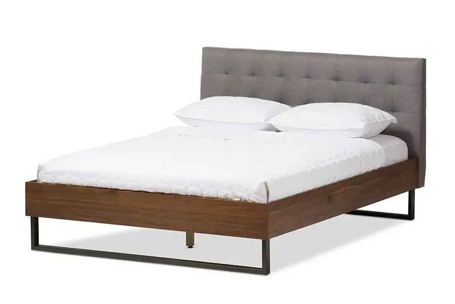 Mitchell Walnut Wood Grey Fabric Dark Bronze Metal Platform Bed (Queen)