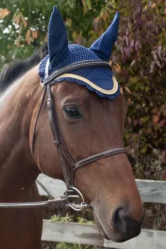 Paris Tack Crochet Horse Fly Veil Ear Bonnet with Gold Rope