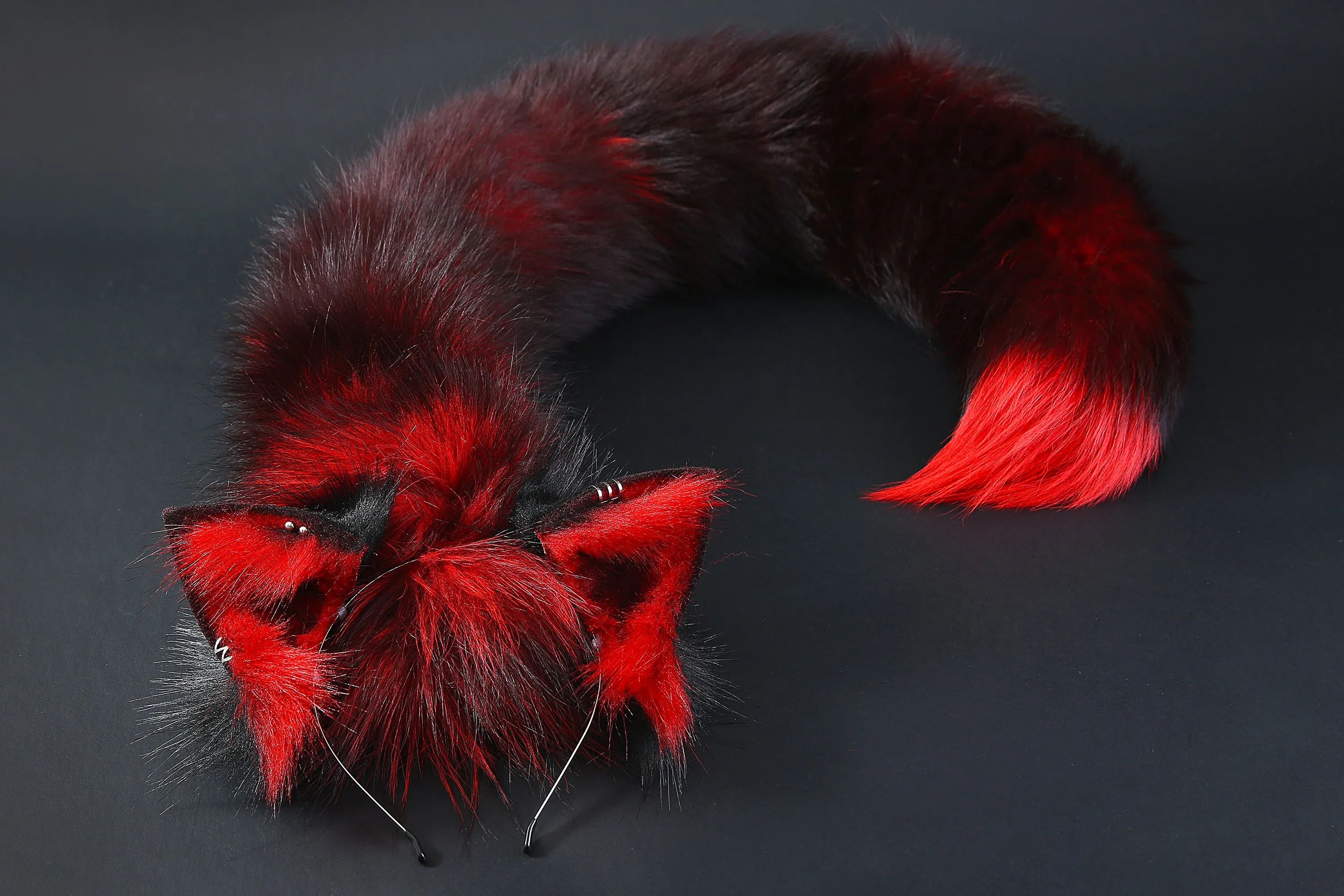 Red black real fur fox tail plug and ear set - fox ear and tail buttplug - wolf tail butt plug - anal plug tail cat ear anime cosplay -mature