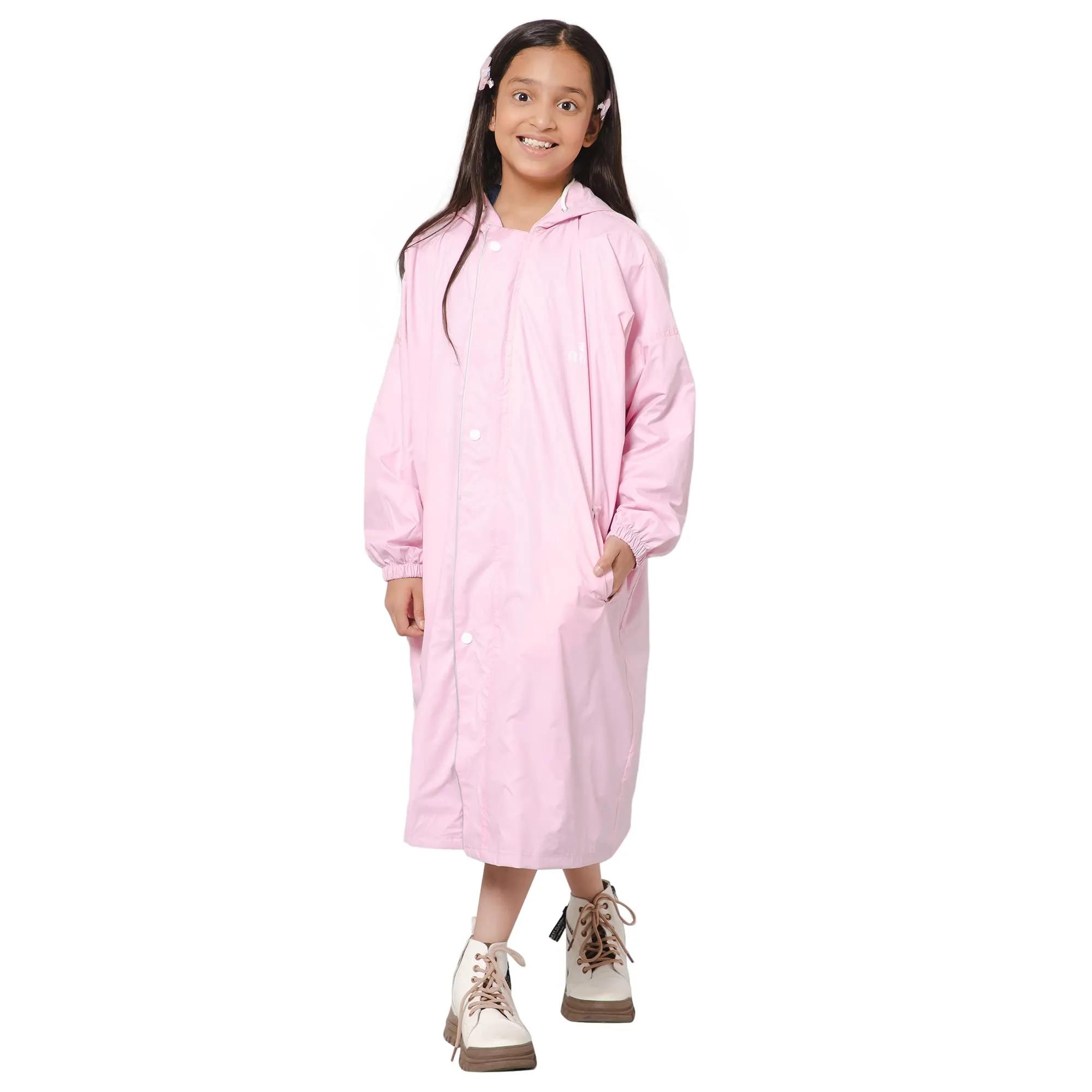 THE CLOWNFISH Cloud Chaser Series Kids Raincoat Waterproof Polyester Double Coating Reversible Longcoat with Hood and Reflector Logo at Back. Printed Plastic Pouch. Kid Age-13-14 years (Blush Pink)