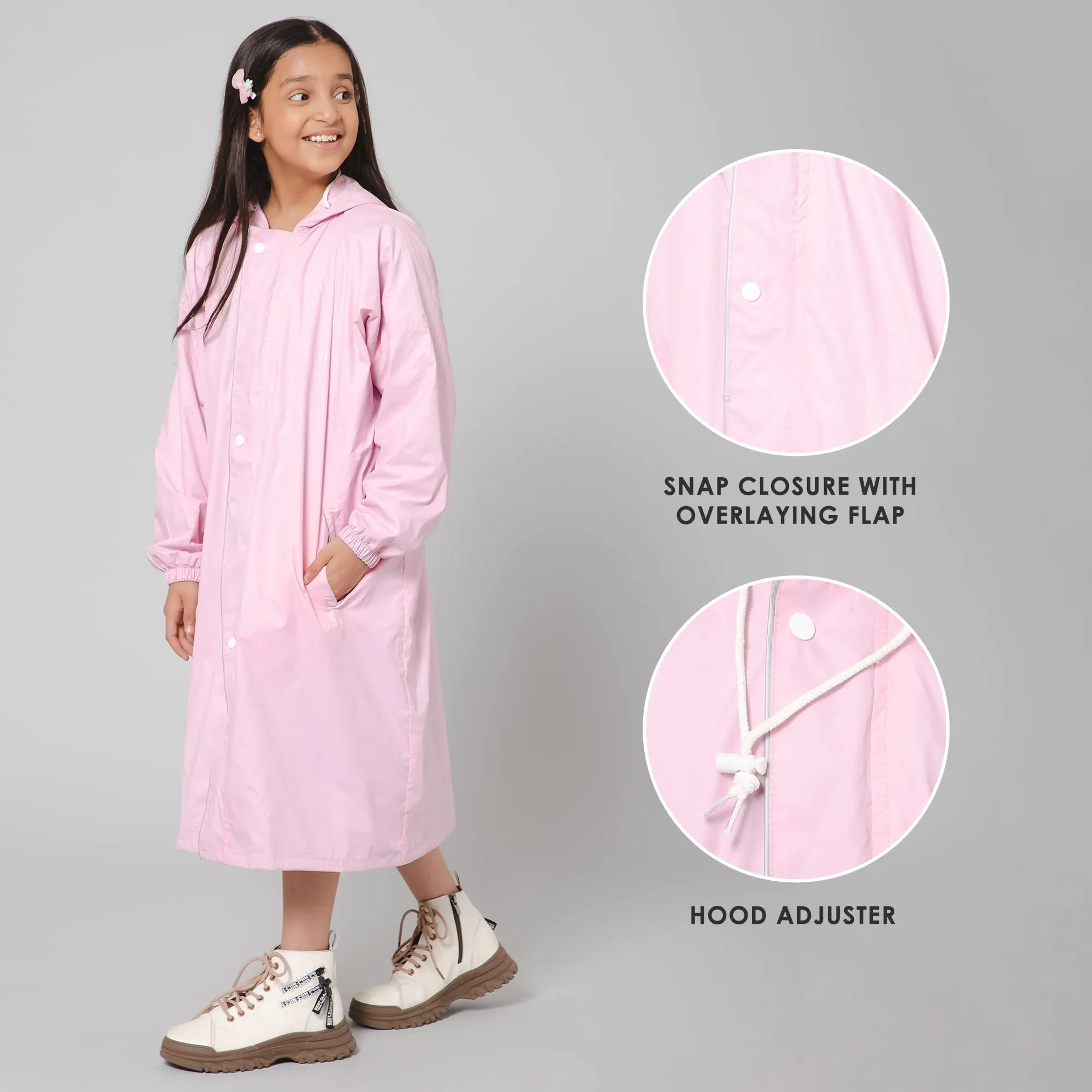 THE CLOWNFISH Cloud Chaser Series Kids Raincoat Waterproof Polyester Double Coating Reversible Longcoat with Hood and Reflector Logo at Back. Printed Plastic Pouch. Kid Age-13-14 years (Blush Pink)