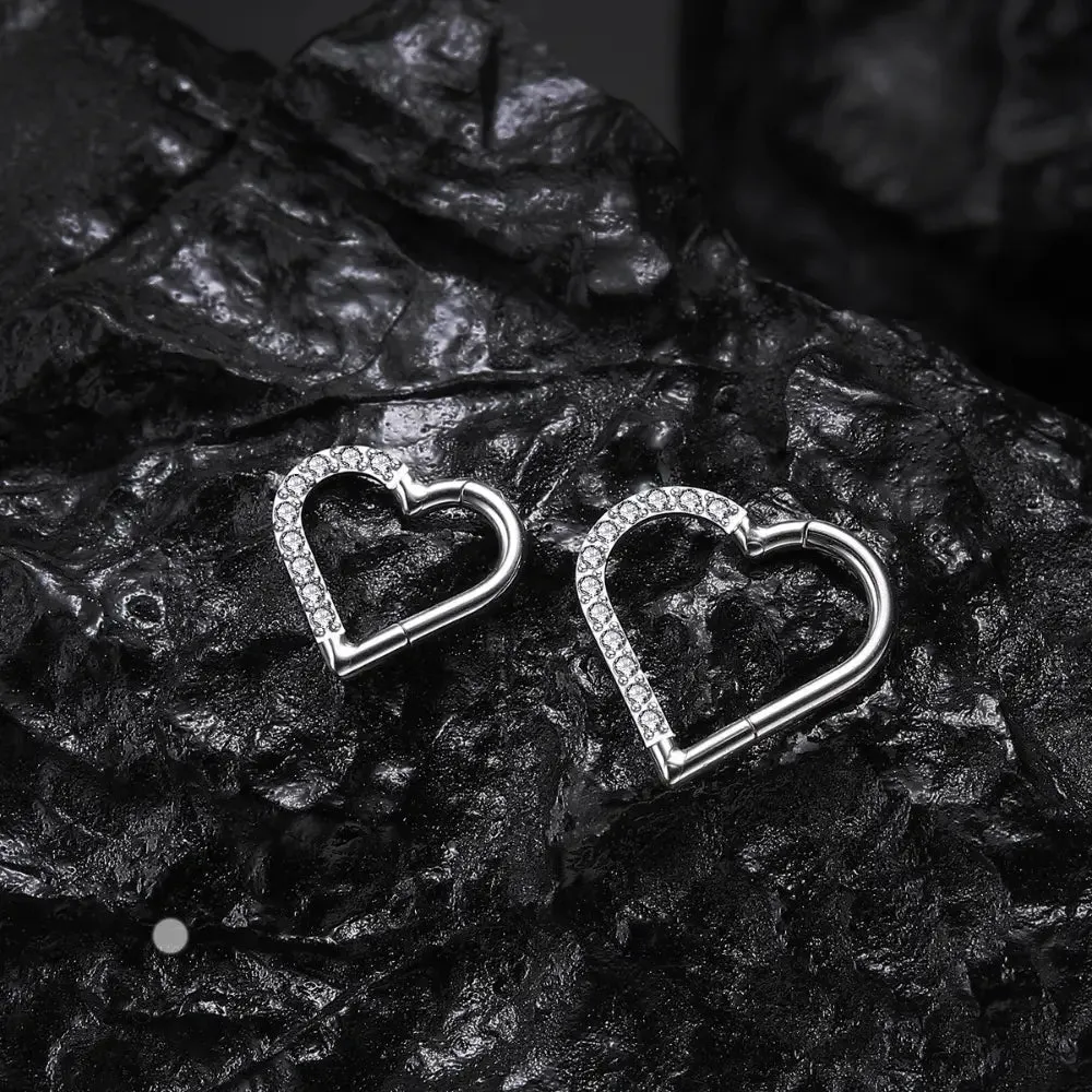 Titanium Pave Heart Daith Hoop | Septum Clicker